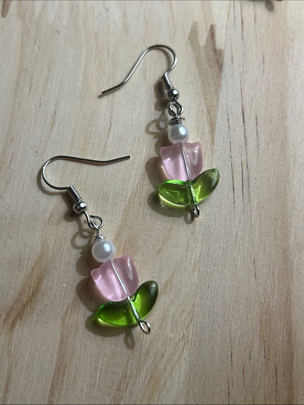 Pink & Green Glass Flower Drop Earrings with Pearl Accent